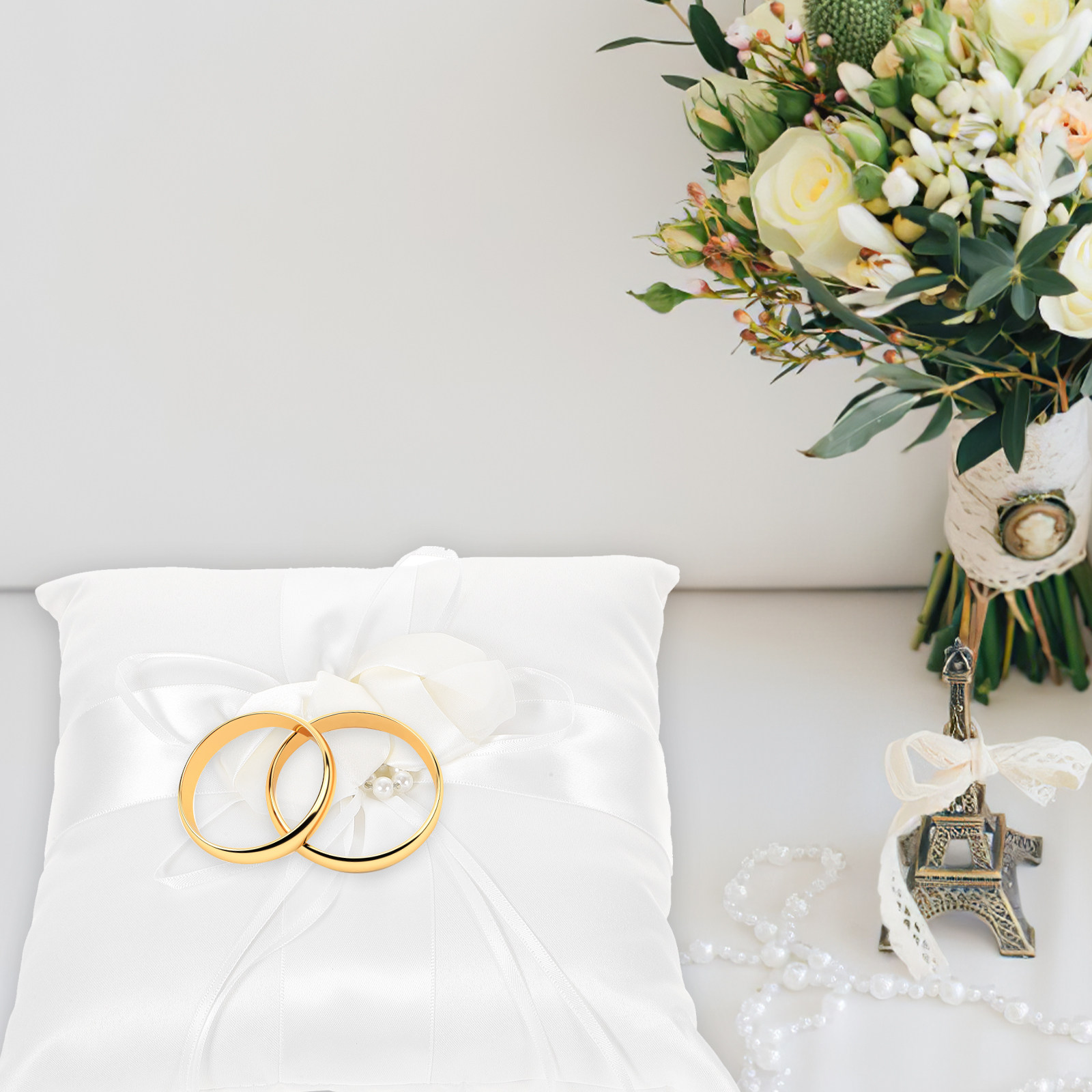 Ring Bearer Pillow - 20x20cm 우아한 흰색 새틴 포켓 링