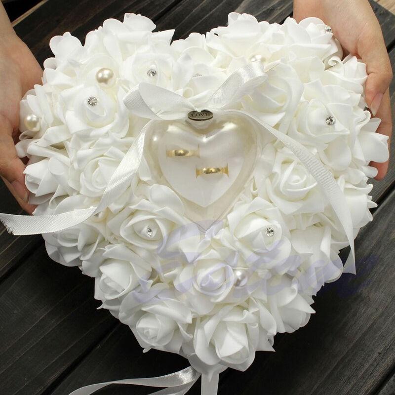 Ring Bearer Pillow - 아이보리 새틴 크리스탈 링 베어링 베개,