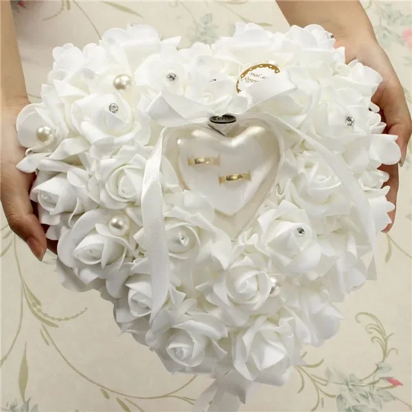 화이트 링 베어러 쿠션 홀더 하트 모양 장미 꽃 링 박 - Ring Bearer Pillow 리뷰 및 가격